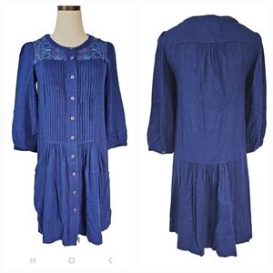 Anthropologie Dubois Embroidered Blue Boho Lagenlook  Tunic  Short Dress Size 0